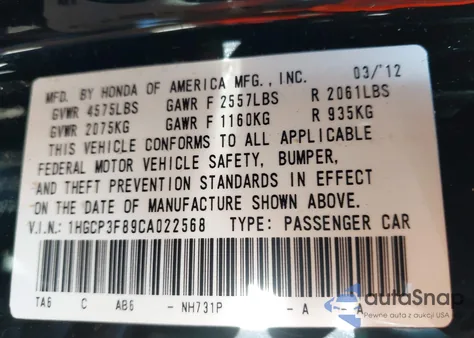 2012 Honda Accord 3.5 Ex-L z USA, uszkodzony, nr VIN 1HGCP3F89CA022568